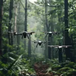 AI illustration: Pilot small drones in formation through a forest autonomously.