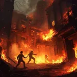 AI illustration: Fight a fire in a burning building.